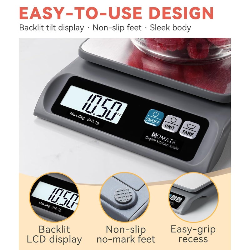 BOMATA 0.1g/ 13lb Food Scale, Digital Kitchen Scale with Removable Stainless Steel Pan, Backlit LCD Display, for Cooking, Baking B621 Grey - Image 4